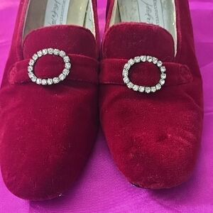 Elegant Red Velvet Women's Shoes with Rhinestone Buckle